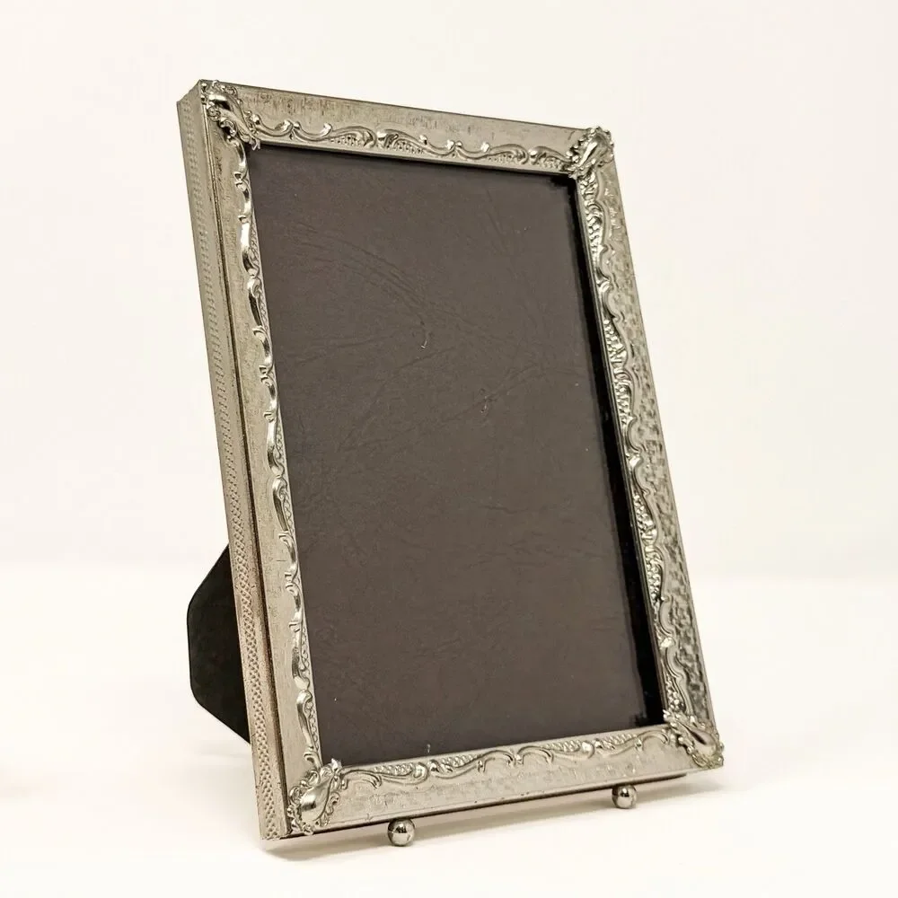 Vintage MCM Ornate Silver Tone Metal 5x7 Photo Frame Footed Easel Back